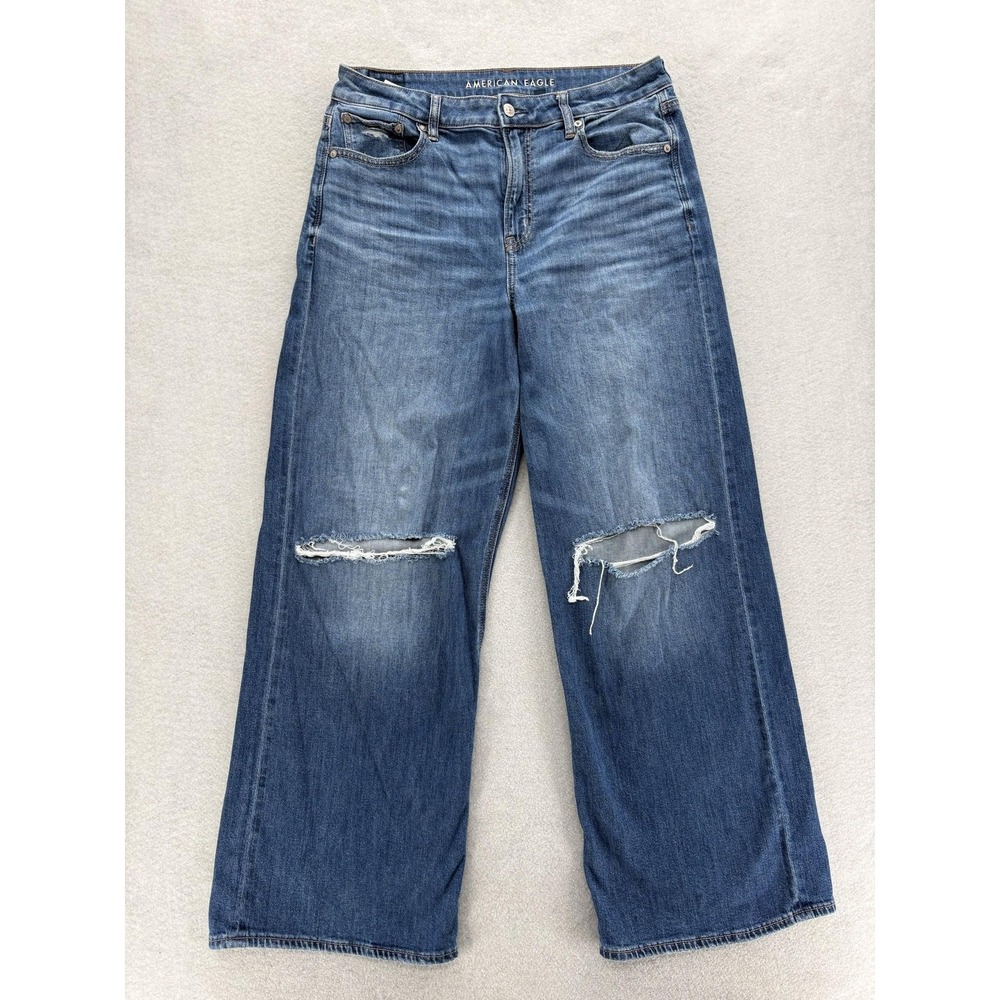 American Eagle Super High Rise Baggy Wide Leg Jeans Womens 10 Blue Distressed